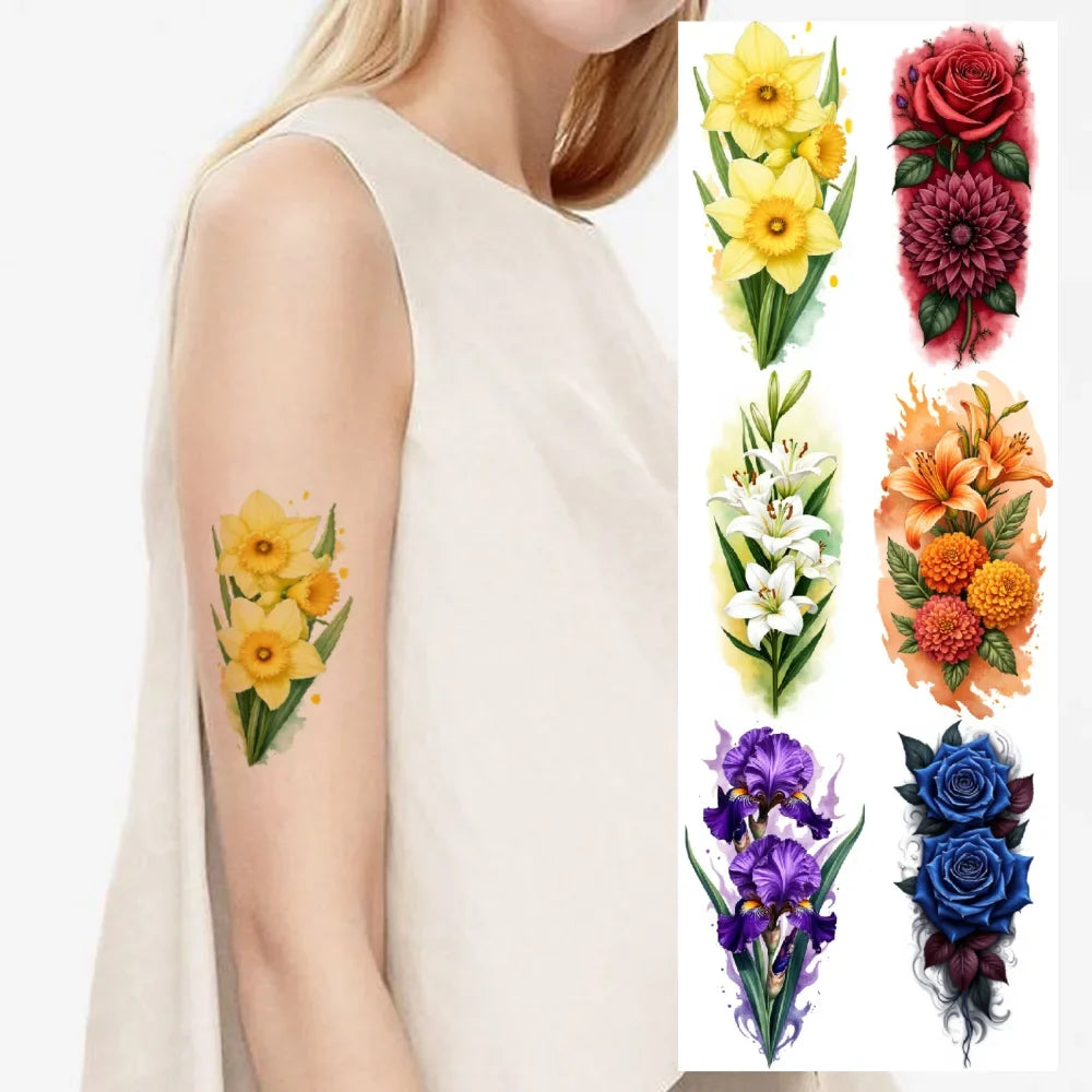 9-Pack Floral Temporary Tattoos – Waterproof Flower Designs