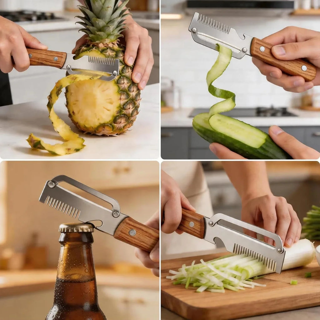 3-in-1 Vegetable Peeler – Stainless Steel with Wooden Handle