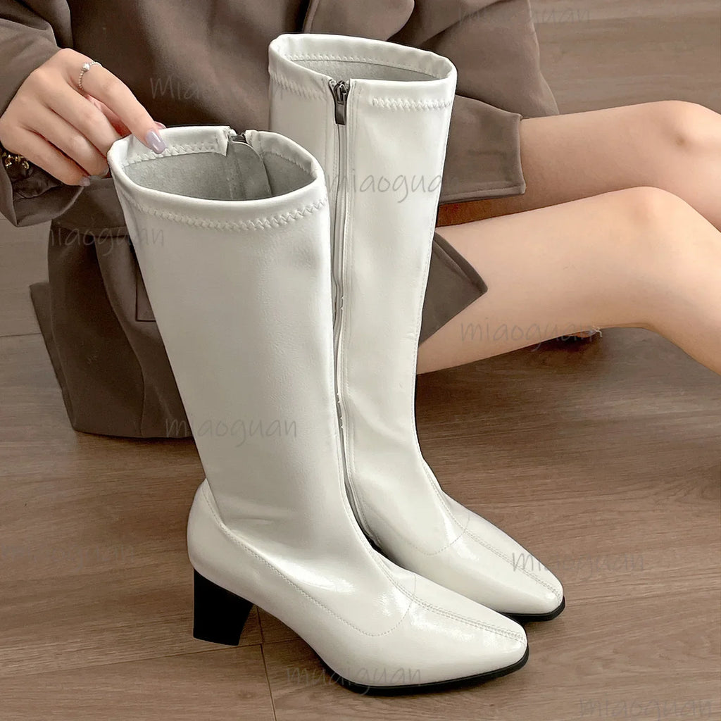 Women's Square Block Heel Mid-Calf Boots | Side Zip