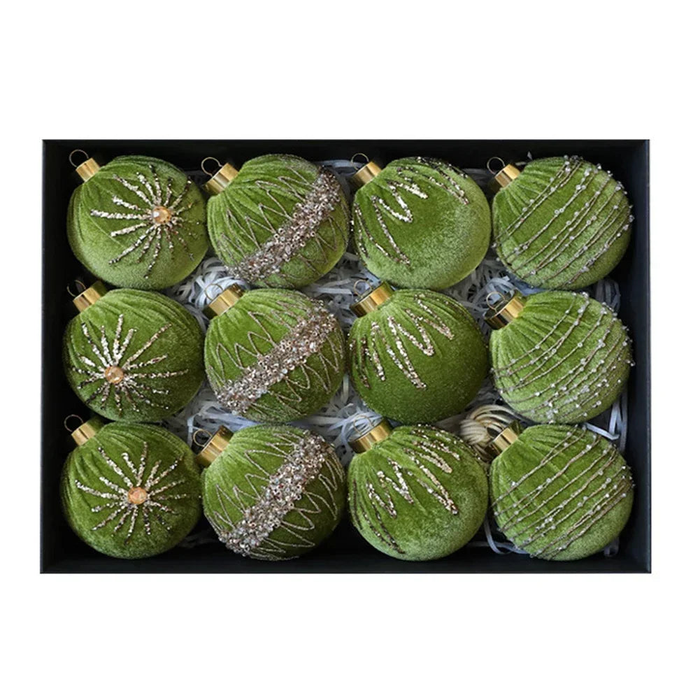 12-Pack Velvet Flocked Christmas Ball Ornaments 8cm | Tree & Wreath