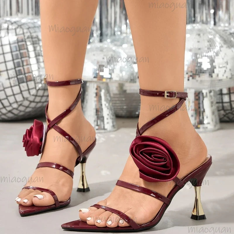Rose Flower Heeled Sandals – Women's Open Toe Ankle Strap Pumps
