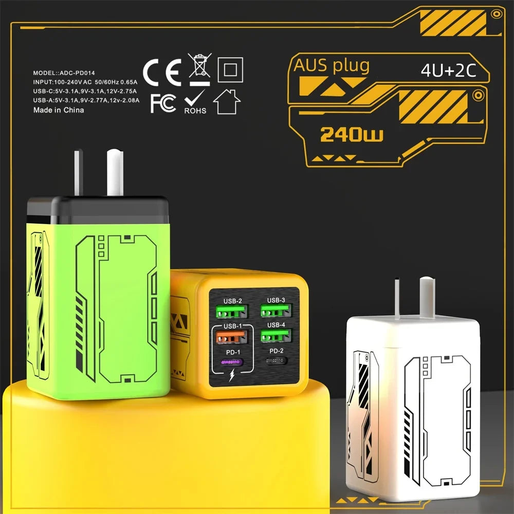 240W 6-in-1 USB-C Charger PD Quick Charge 3.0 Travel Adapter