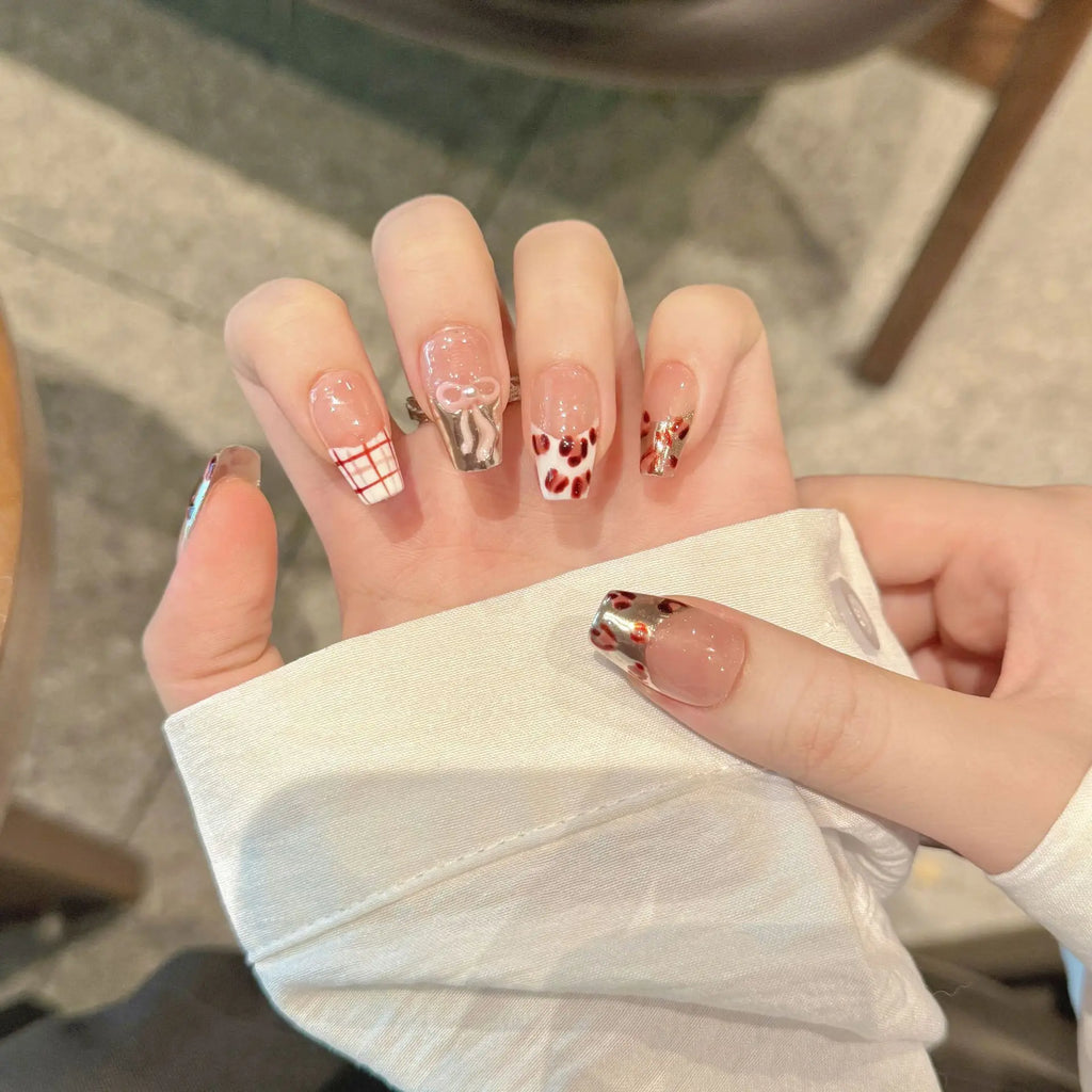 Pink Leopard Press-On Nails | French Mirror Gradient Full Cover