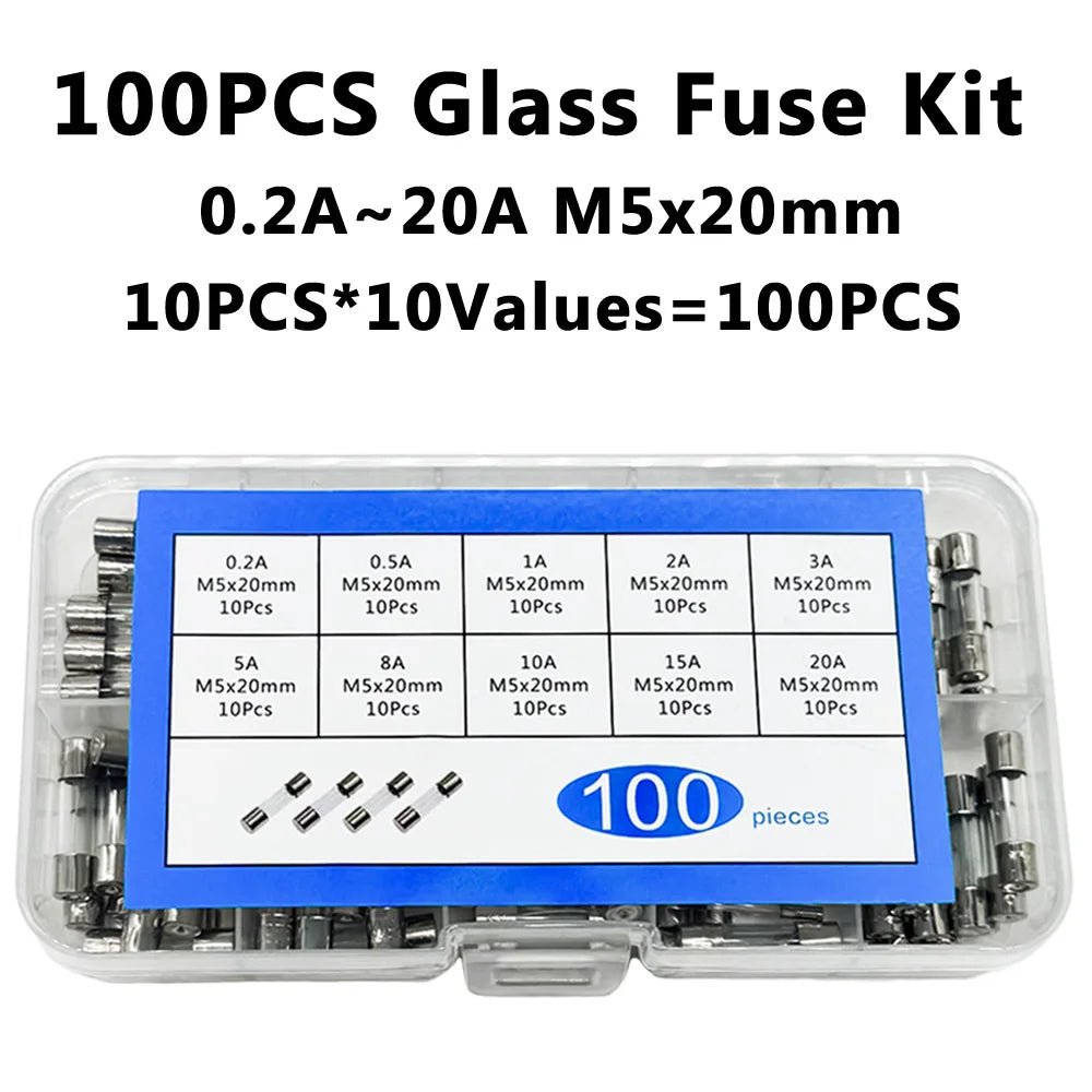 100 Pcs Fast-Blow Glass Fuse Kit 5x20mm 250V – 10 Values