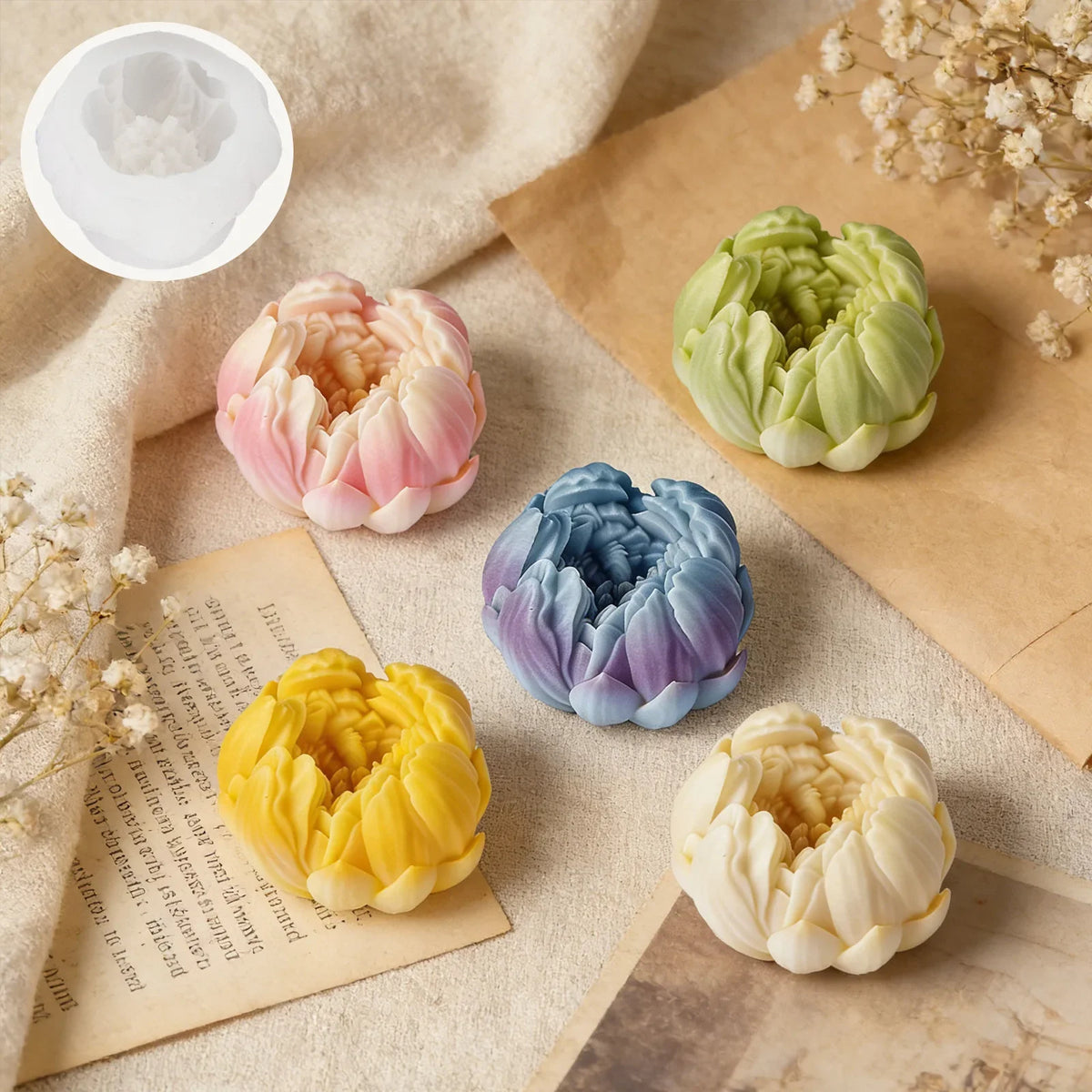 Simulation Peony Bud Scented Candle Silicone Mold DIY Flower Diffuser