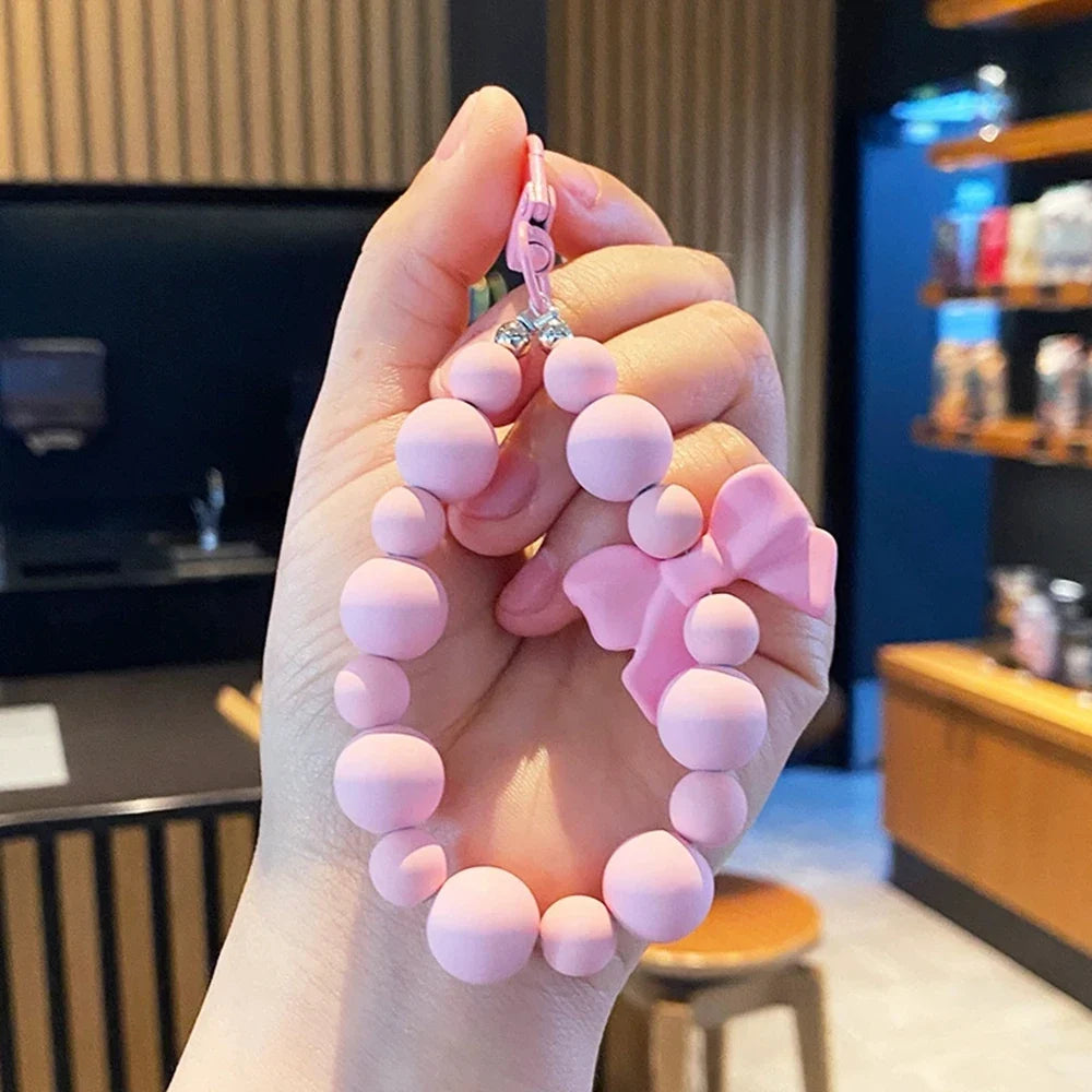 Pink Pearl Bow Keychain – Beaded Phone Charm & Bag Pendant