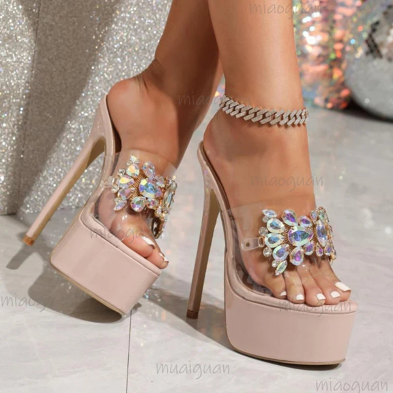 Women's Crystal Rhinestone Platform High Heel Slides Sandals
