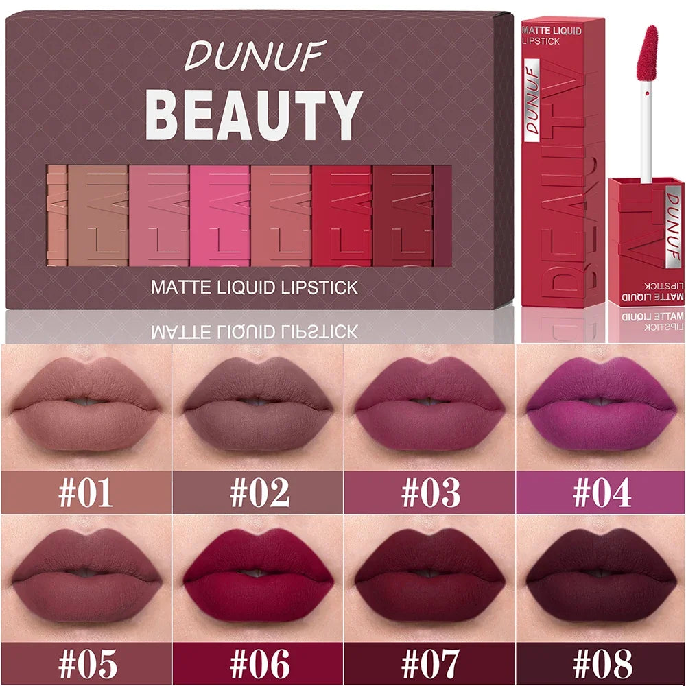 DUNUF Matte Lip Gloss 8pc Set – Waterproof Long-Lasting Nude