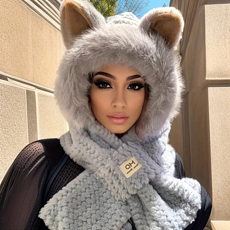 Women's Cat Ear Hat Pom-pom Soft Fleece Lined Winter Beanie Christmas