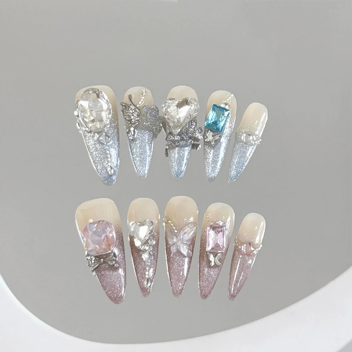 Long Ballet Press-On Nails Pink Bow Glitter French Cat Eye 10pcs