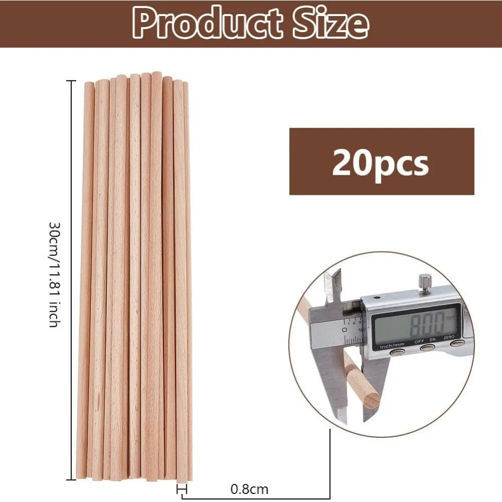20Pcs Beech Wood Dowel Rods 8mm x 11.8" – Unfinished Craft Sticks