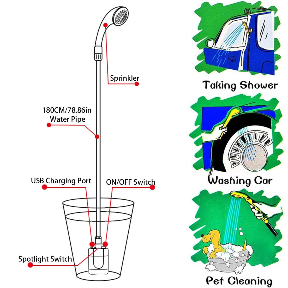 Camping Portable Shower Hose Sprayer Electric Rechargeable Outdoor