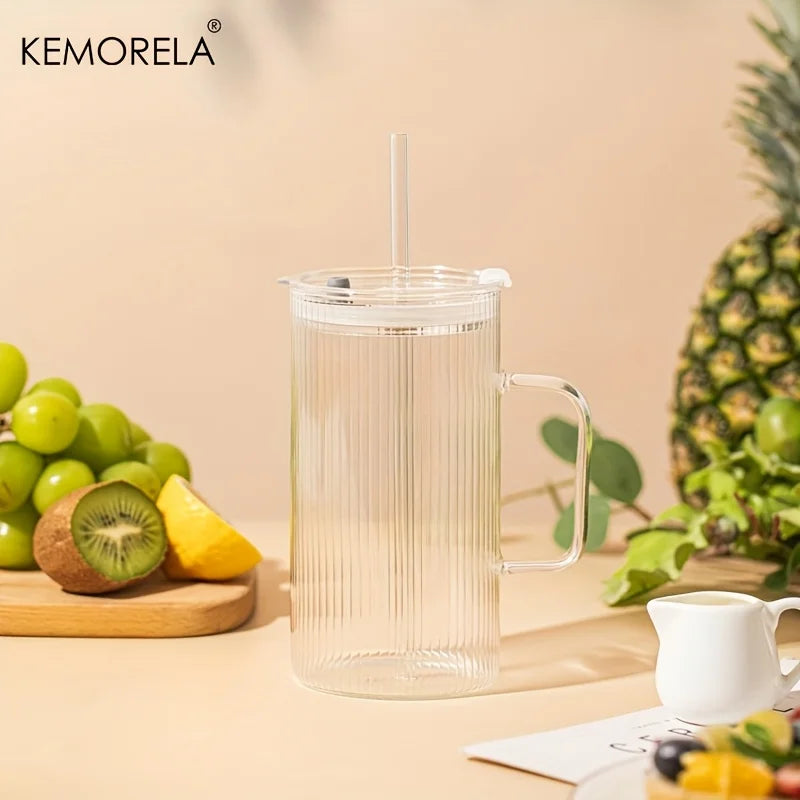 KEMORELA 740ml Ribbed Glass Tumbler with Handle, Lid & Straw
