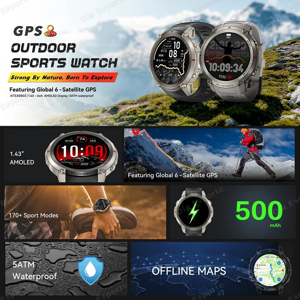 Ola Esporte GPS Smartwatch AMOLED 5ATM 170+ Sports Modes
