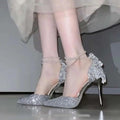 Women's Sequin Bow Pointed Toe High Heel Pumps | Ankle Strap