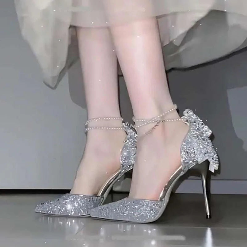 Women's Sequin Bow Pointed Toe High Heel Pumps | Ankle Strap