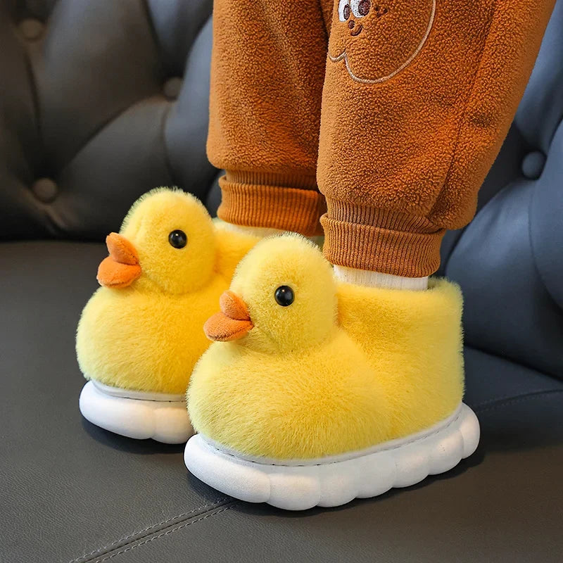 Kids Kawaii Duckling Fuzzy Slippers – Warm Winter Fur Slides