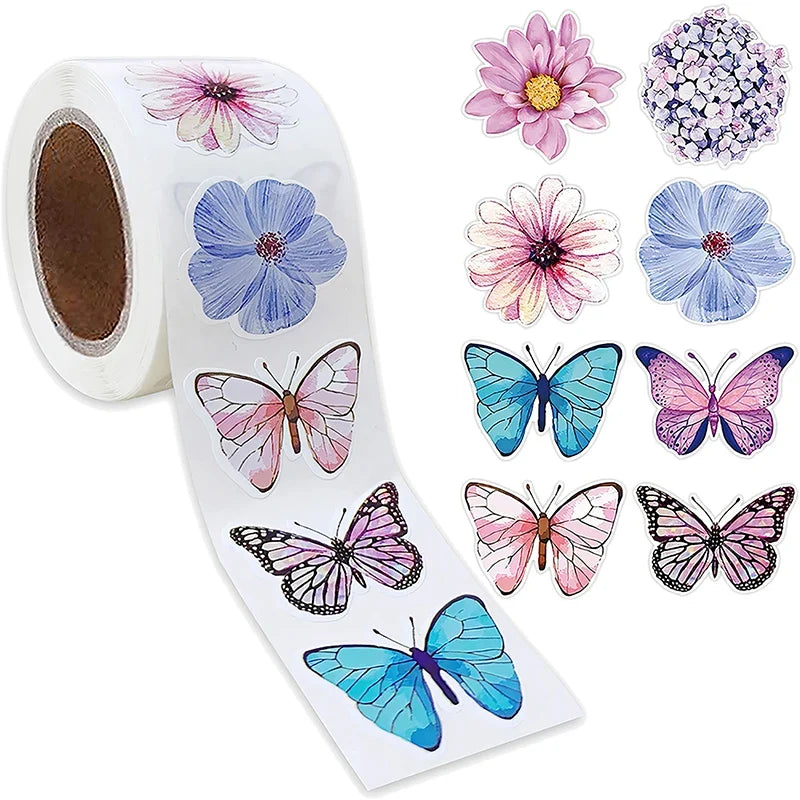 500 Pcs Butterfly & Flower Stickers Roll – Colorful Decals