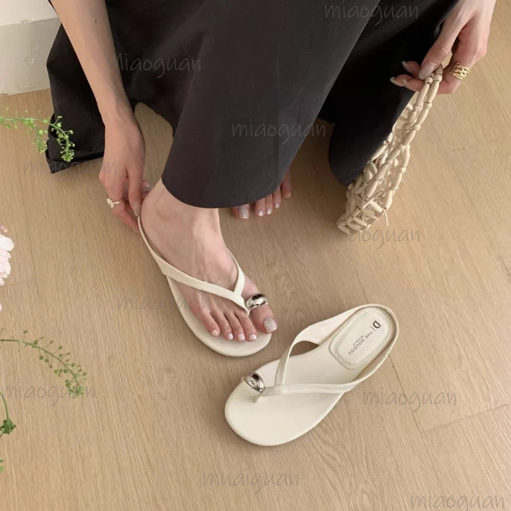 Women's Low Heel Metal Toe Slide Sandals | Summer Beach Shoes