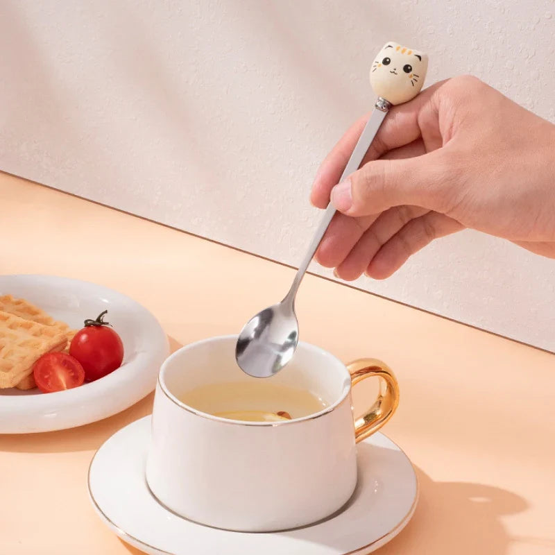 Stainless Steel Coffee Dessert Spoons Long Cat Handle Cartoon Ice