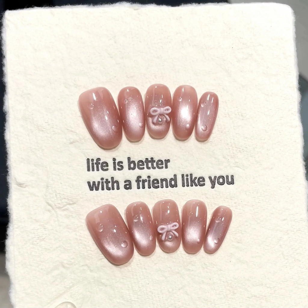 Handmade Press-On Nails | Bow Cat's Eye Blush Almond | YADORNOS