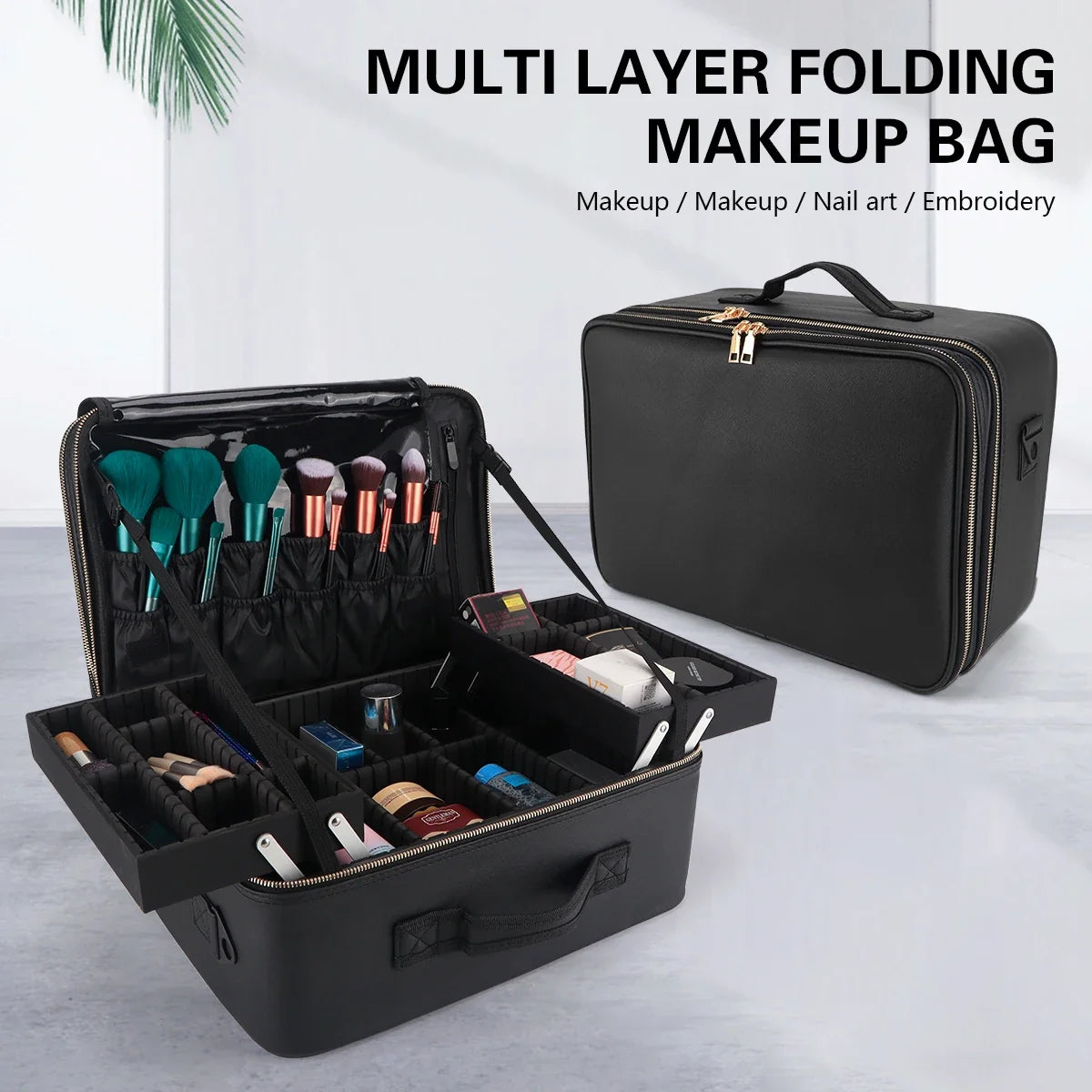 PU Leather Makeup Organizer Bag with Strap | Travel Brush Case