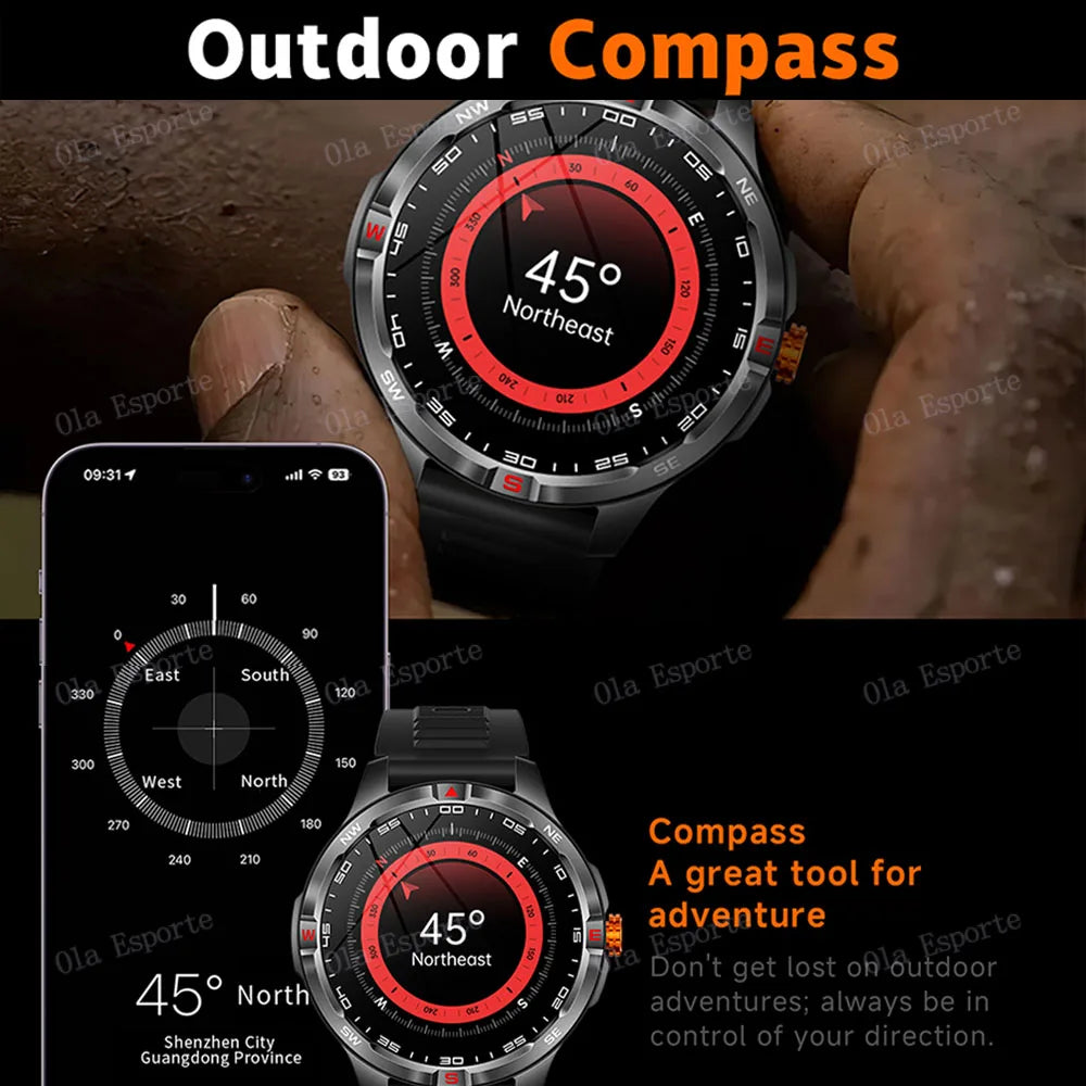 Military 1000mAh Battery Sports Smart Watch Adult Men Compass BT Call