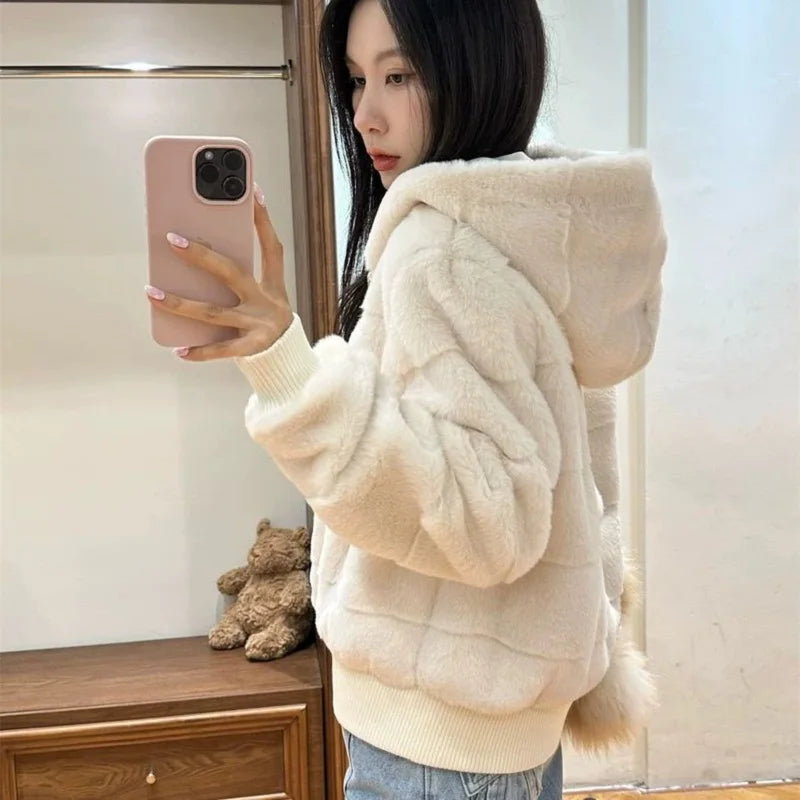 Women's Faux Mink Hoodie Jacket – Korean Style Winter Coat