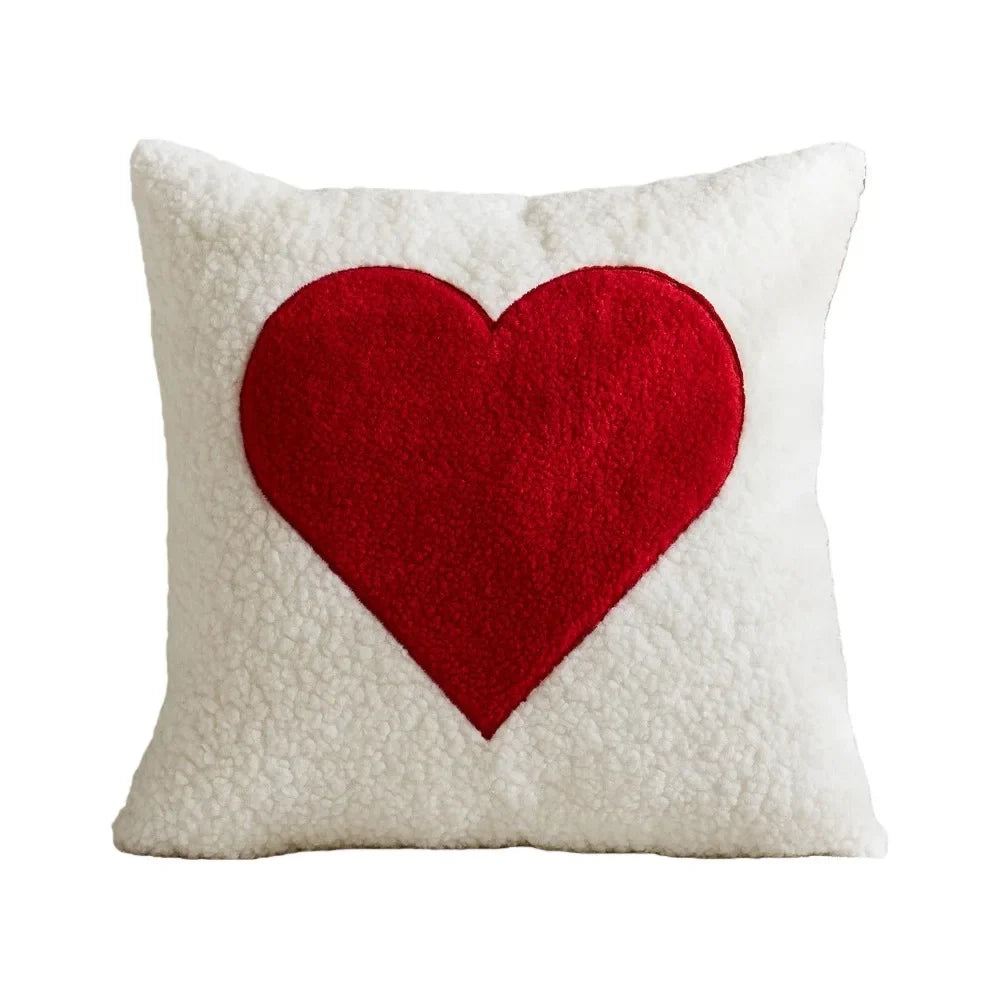 Heart Pattern Embroidered Throw Pillow Cover 45cm – Red & White