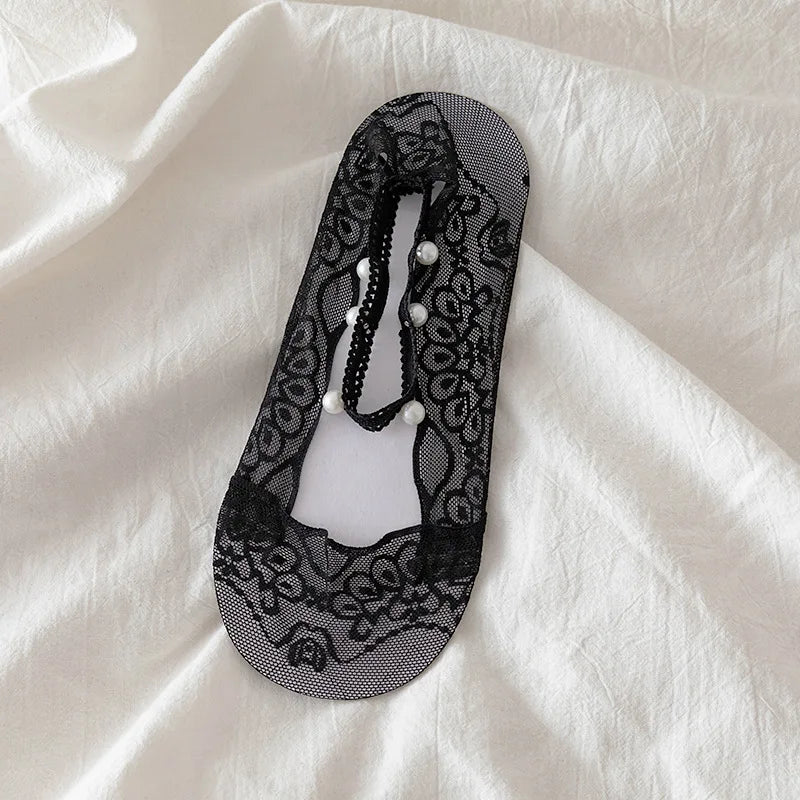 Women's Lace Invisible Socks 5 Pairs | Pearl Anti-Slip Ankle Socks