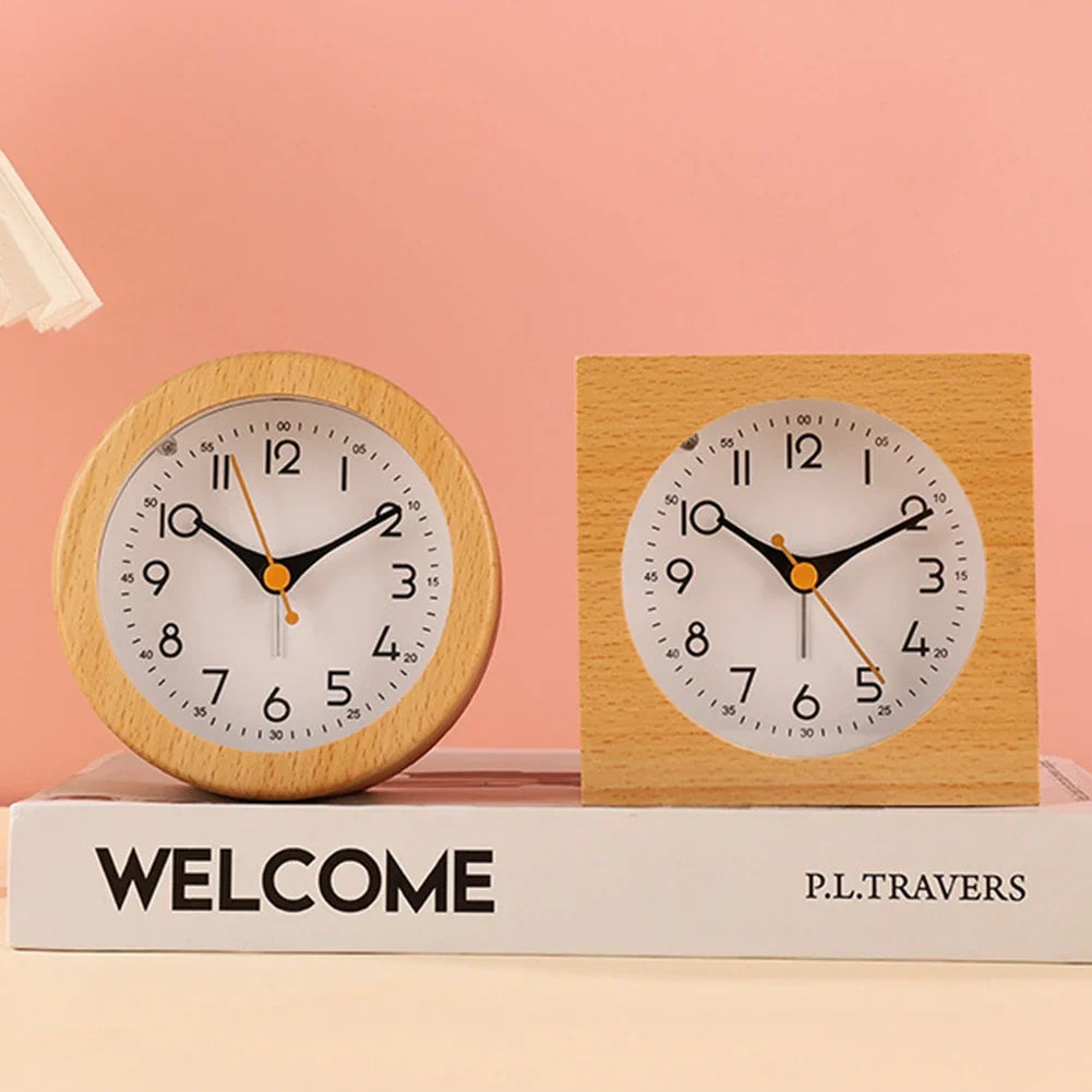 Minimalist Solid Wood Analog Alarm Clock with Night Light