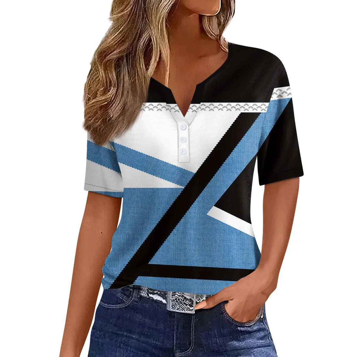 Women's Patchwork V-Neck Button T-Shirt | Casual Short Sleeve