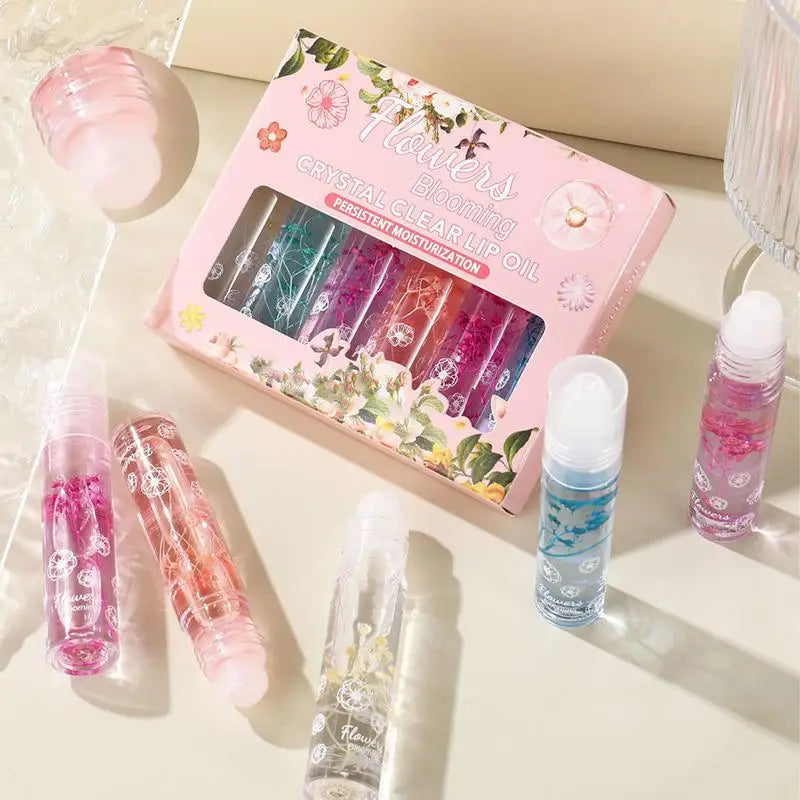 Flower Roll-On Lip Oil Set – Crystal Clear Gloss 6pc
