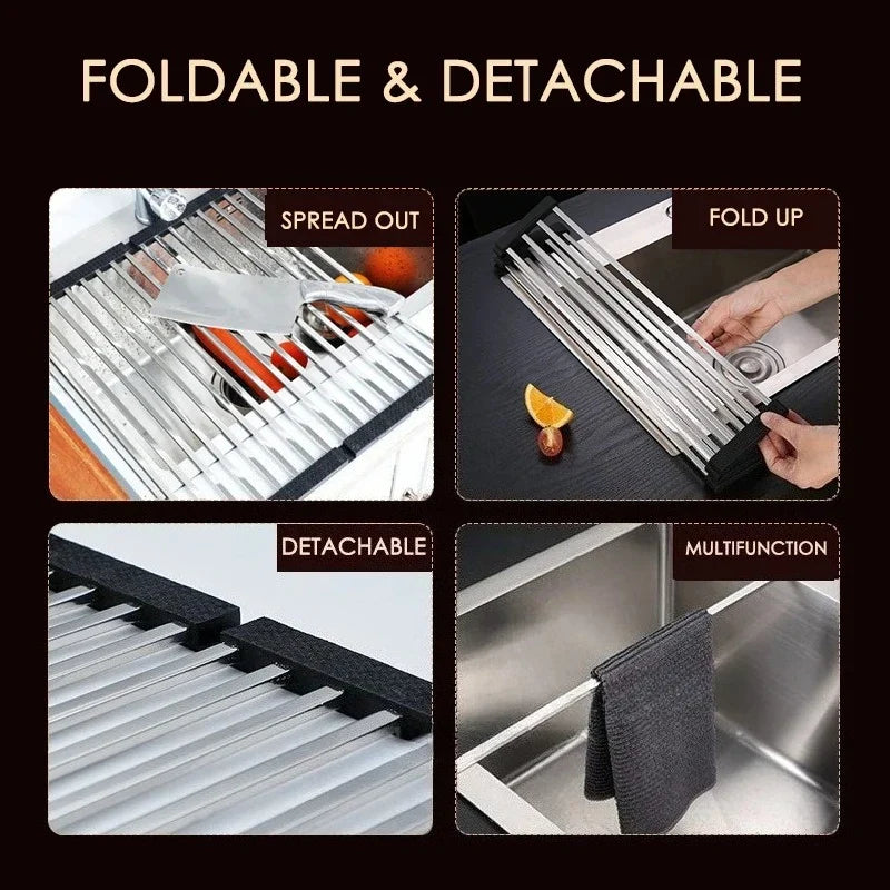 SUS304 Stainless Steel Foldable Roll-Up Dish Drying Rack