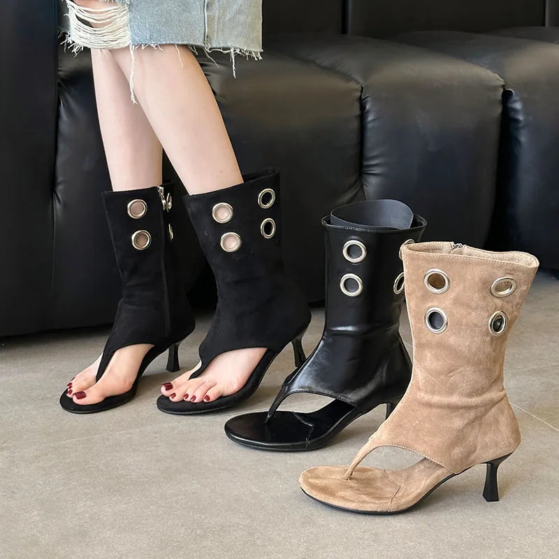 Women's Hollow High Heel Mid-Calf Boots – Open Toe Summer