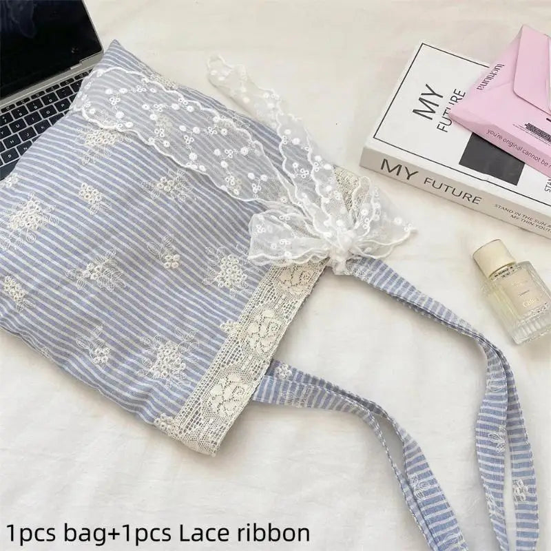 Lace Trim Polyester Tote Shoulder Bag | Foldable Travel Handbag