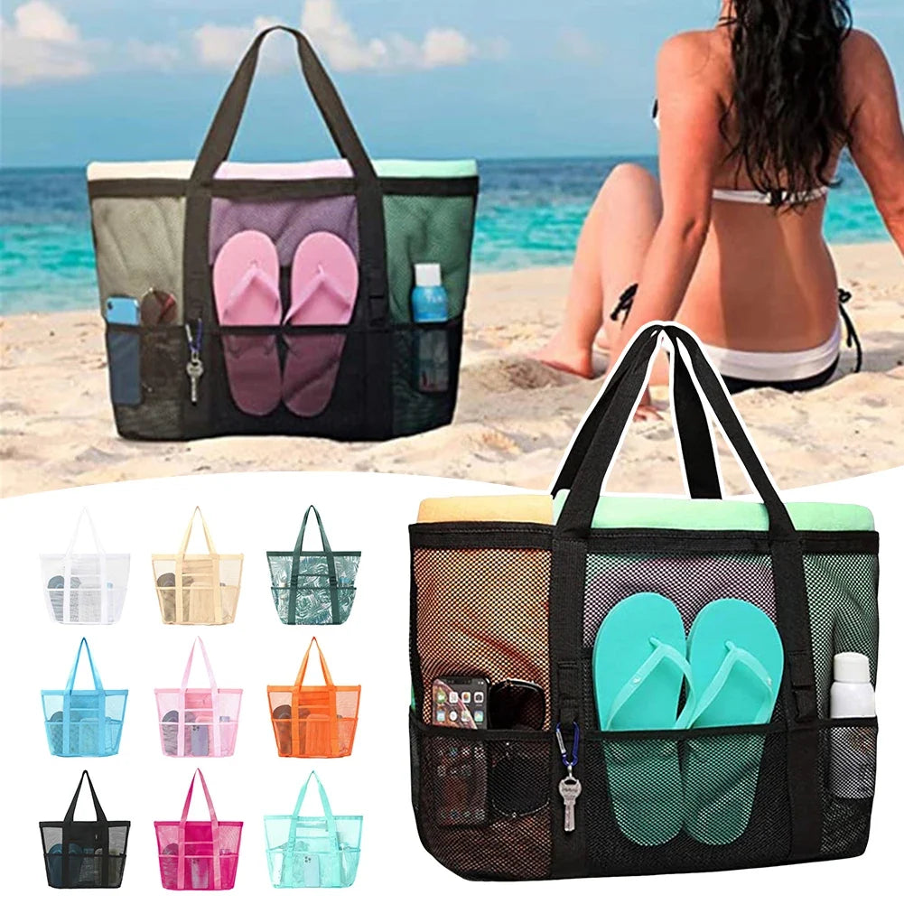 PEAKINBAGS Mesh Beach Tote Bag – Large Multi-Pocket Pool Bag