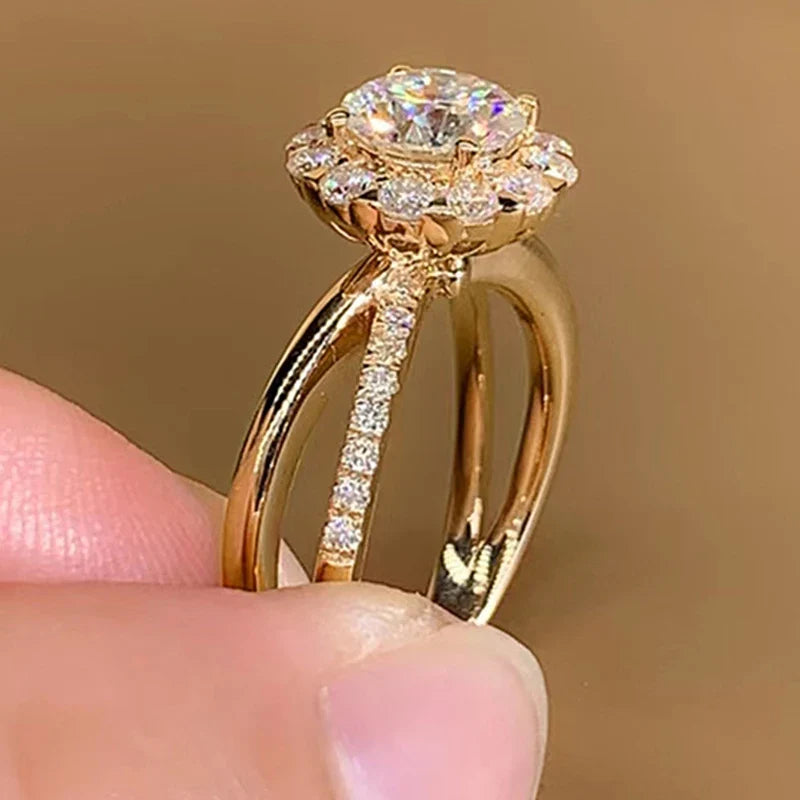 Huitan Gold CZ Wedding Ring for Women – Pavé Crystal Band