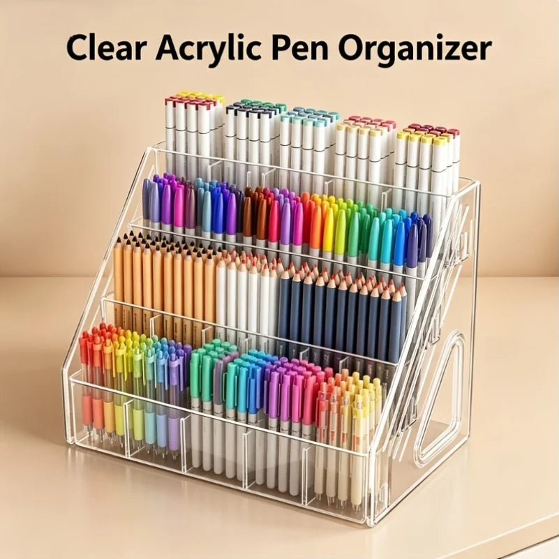Acrylic Pen Organizer Multi-Grid Desk Caddy – Large Capacity