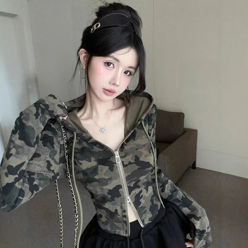 Women's Camo Hooded Crop Jacket – Zip Up Slim Fit Streetwear