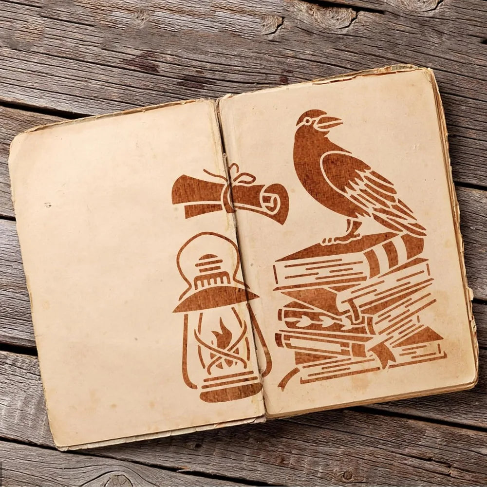 Crow & Book Stencil Set 11.8" – Raven, Candle & Pen Patterns