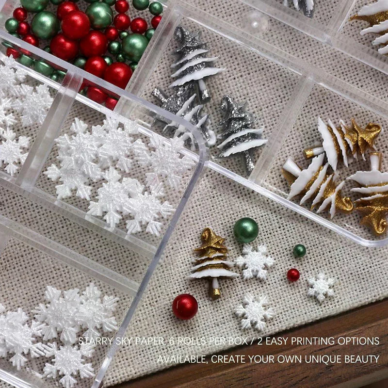Christmas Nail Charms Set | 6-Grid Snowflake & Bead Rhinestones