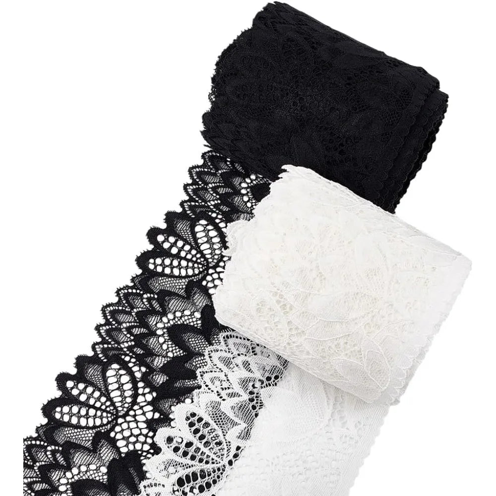 10 Yards Stretch Embroidery Lace Ribbon Trim – 4" Wide, Black & White