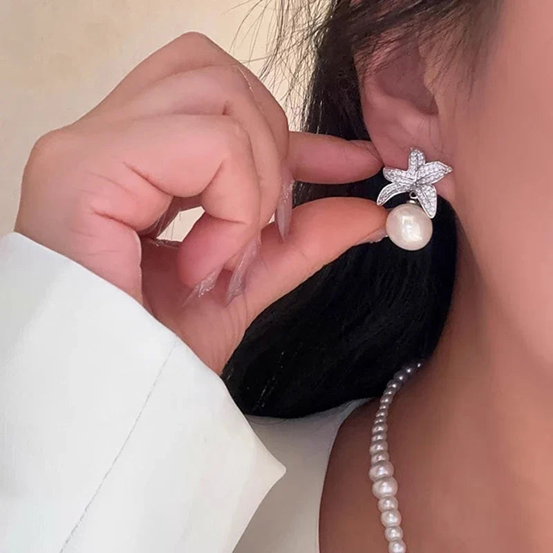 Huitan Flower Simulated Pearl Drop Earrings – Women's Fashion