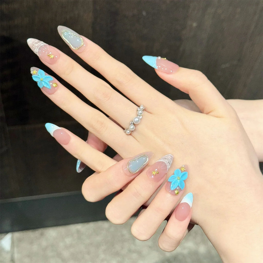 YADORNOS 3D Floral Almond Press-On Nails | Ocean Style 10pcs