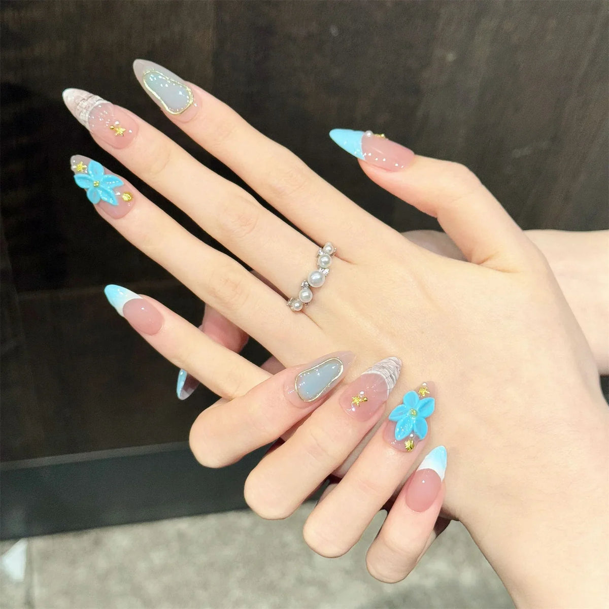 YADORNOS 3D Floral Almond Press-On Nails | Ocean Style 10pcs