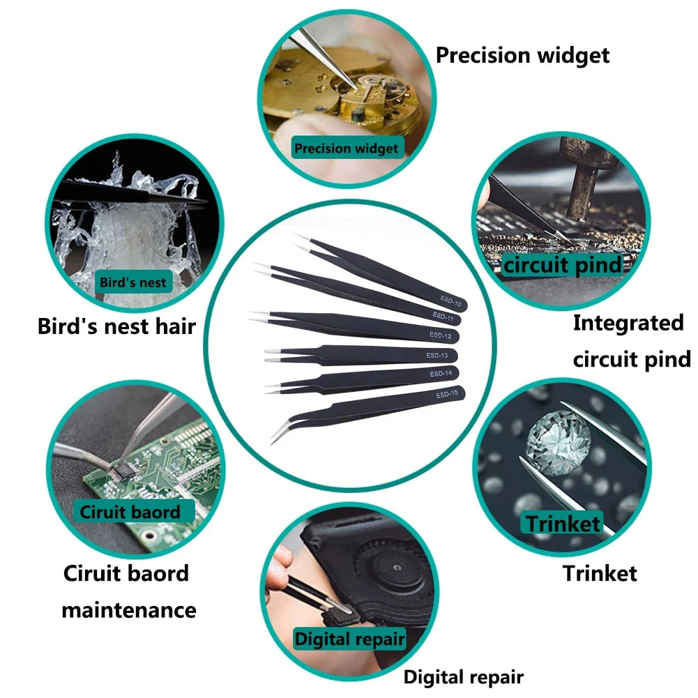 6-Piece ESD Anti-Static Precision Tweezers Set | Electronics