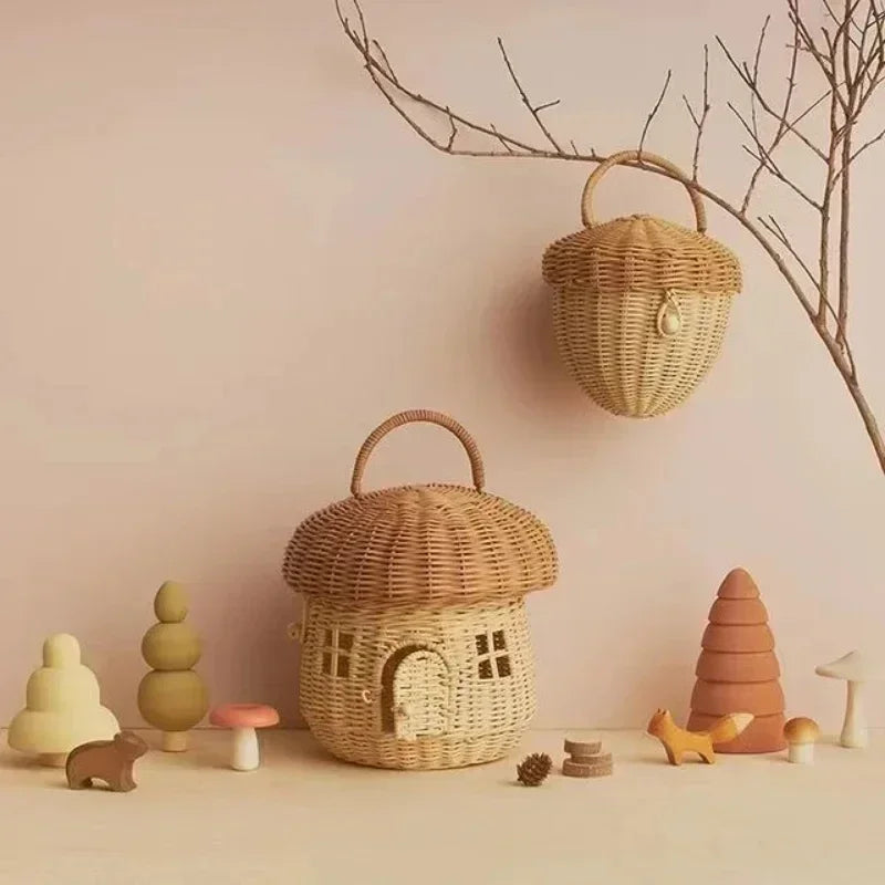Handmade Mushroom Basket Bag Rattan Woven Baskets Straw Storage Box