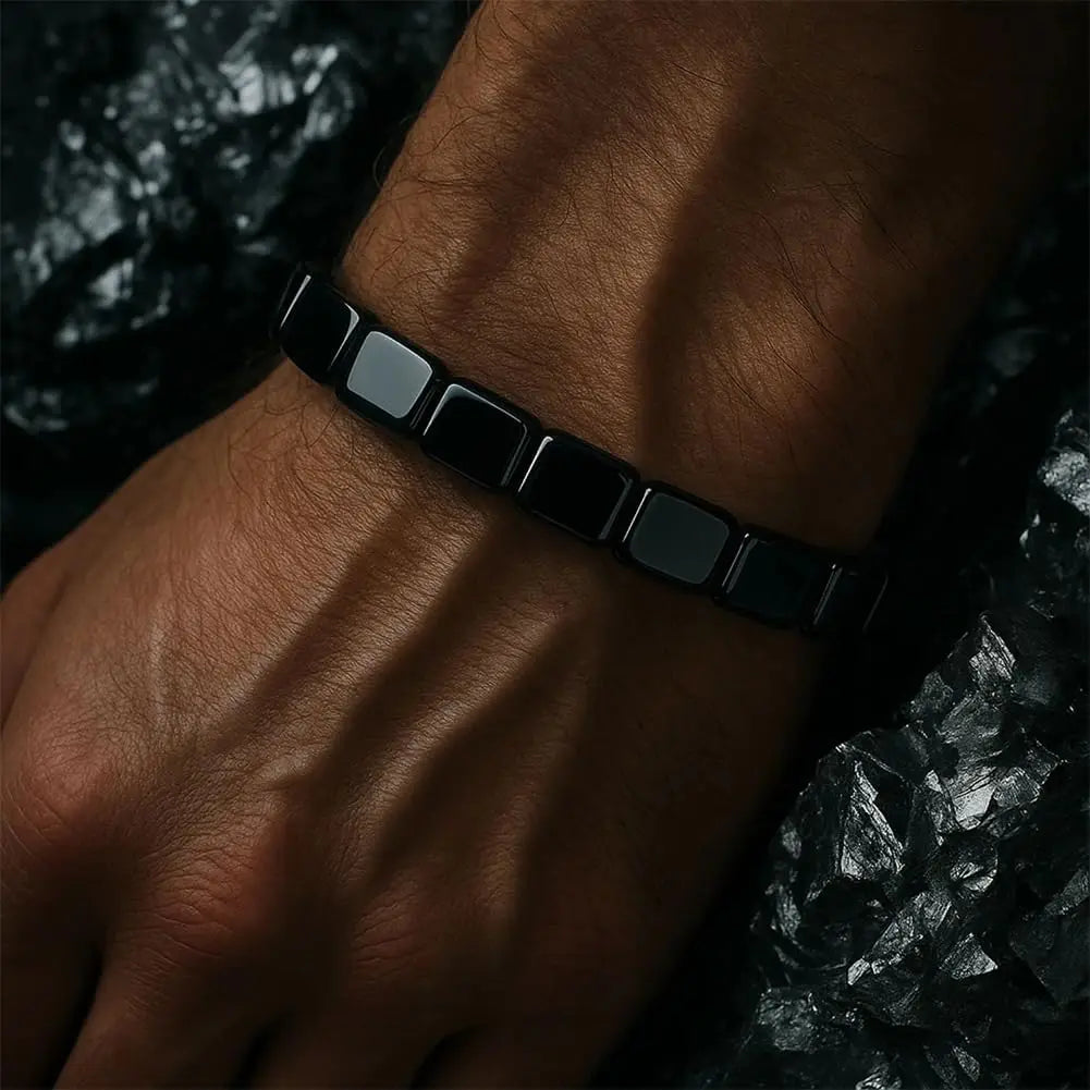 Hematite Black Obsidian Square Bead Stretch Bracelet | Men & Women