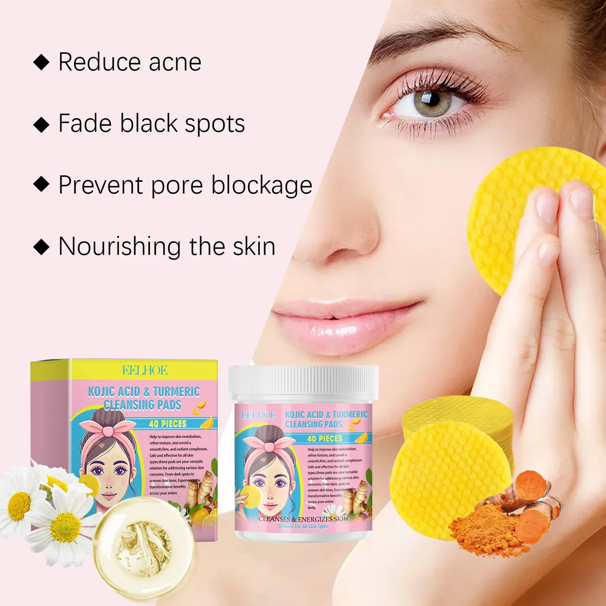 EELHOE Turmeric Kojic Acid Facial Cleansing Pads 40 Pcs
